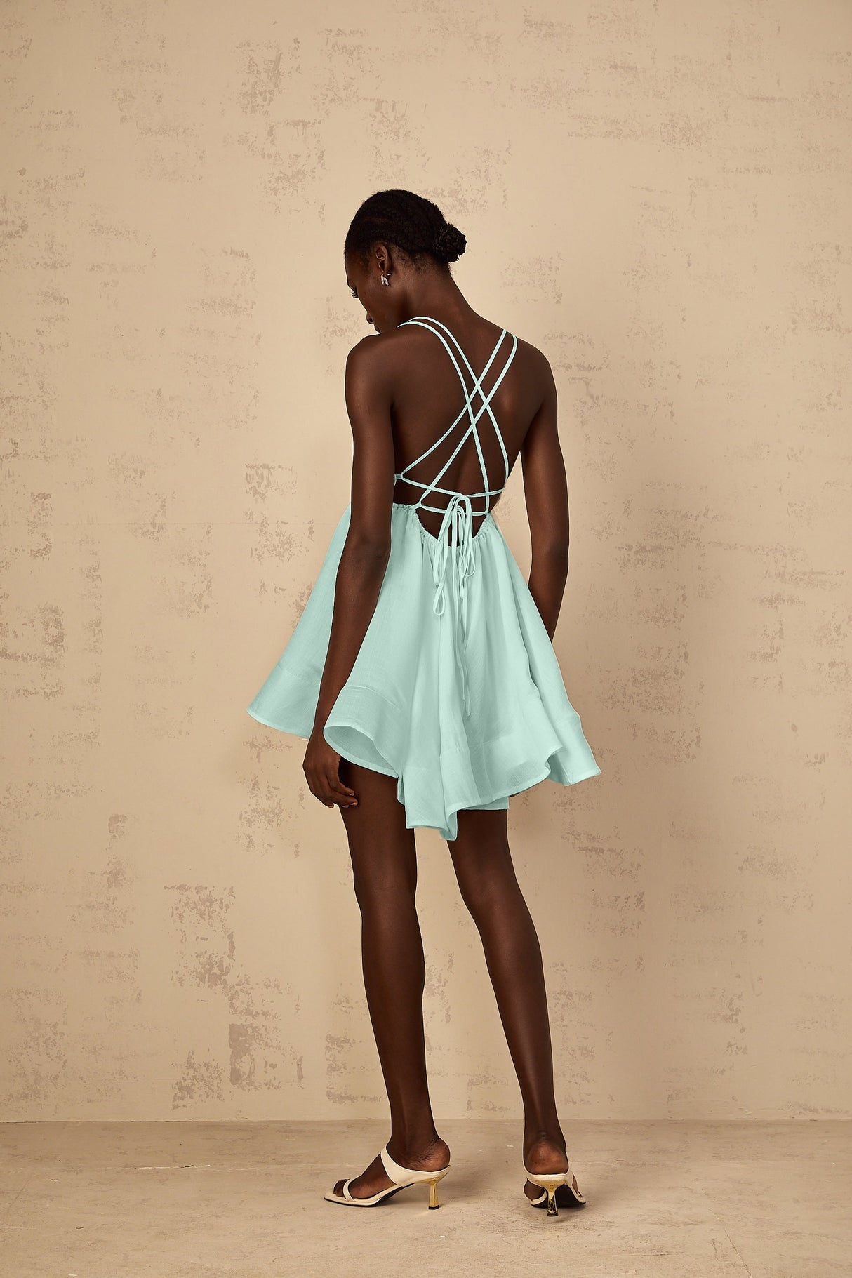 Aurohaya Quincie Green Shirred Flounced Mini Dress
