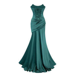 Aurohaya Marilou Green Ruched Satin Maxi Dress