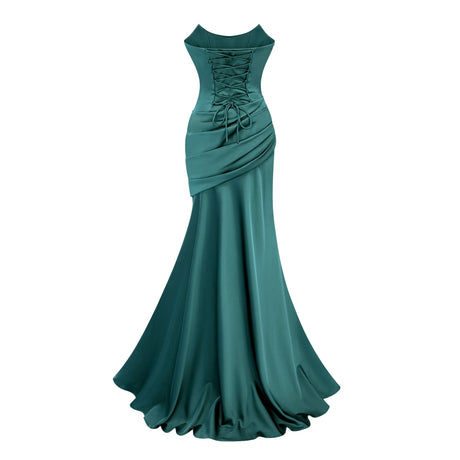Aurohaya Marilou Green Ruched Satin Maxi Dress
