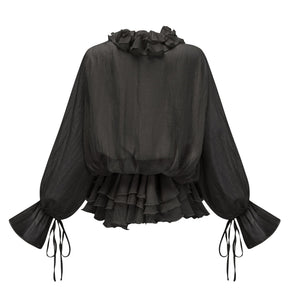 Aurohaya Zéphyrine floral-appliqué tiered mini dress in Black