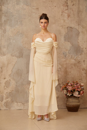 Aurohaya Mélusine Neutral Ruched Chiffon Maxi Dress