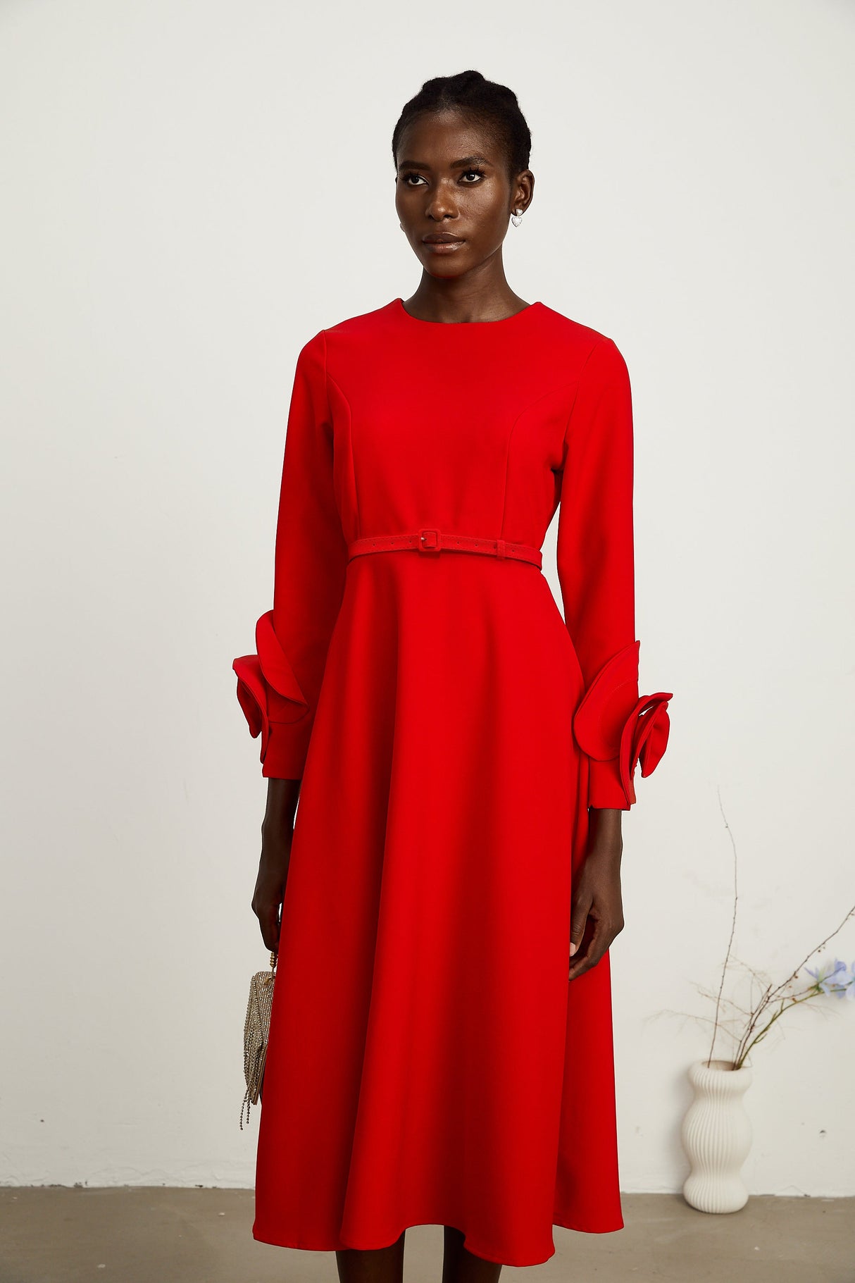 Aurohaya Elysia floral-embellished red long-sleeve dress
