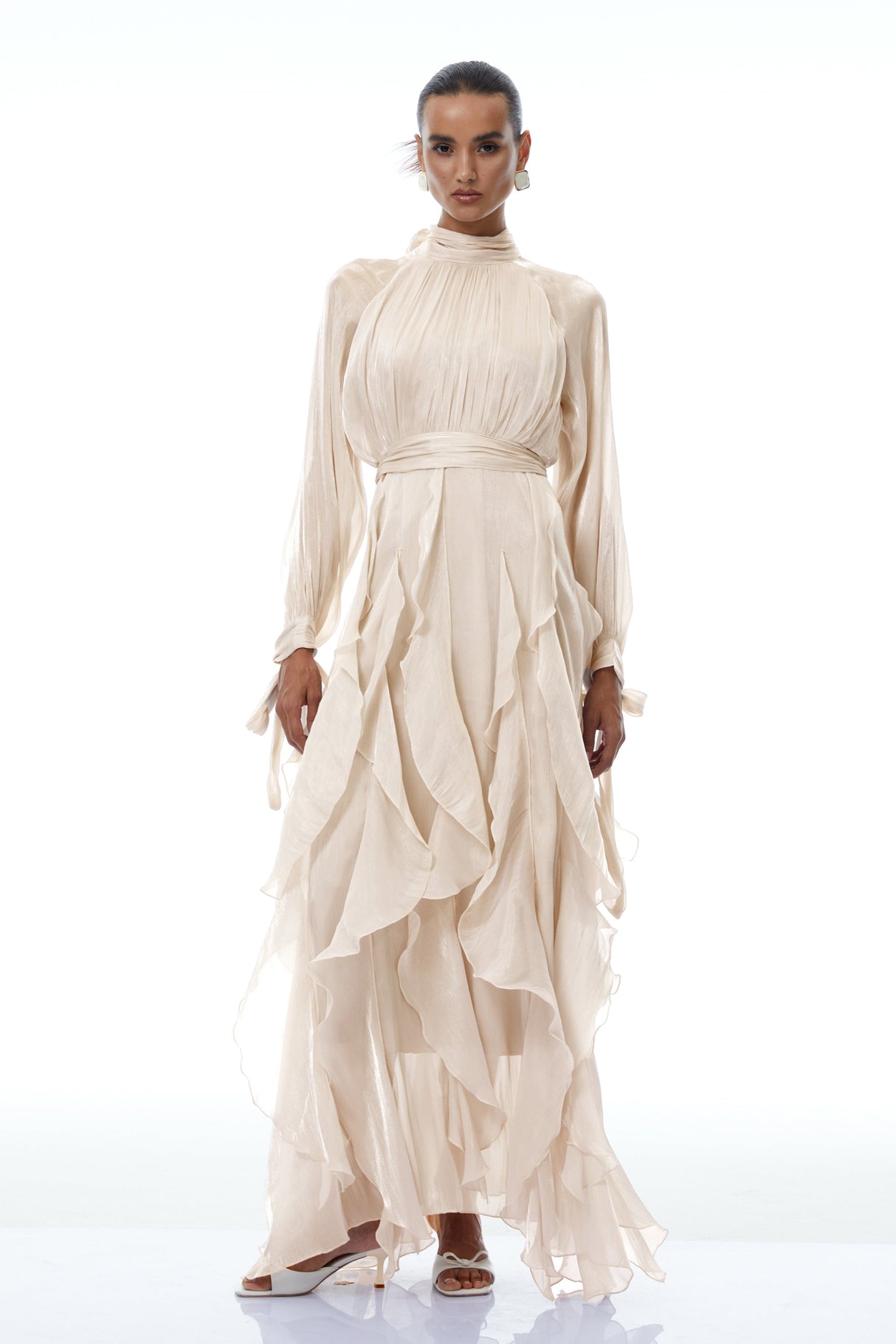 Aurohaya Zélie Neutral Glossy Pleated Ruffled Maxi dress