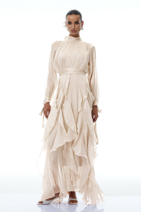 Aurohaya Zélie Neutral Glossy Pleated Ruffled Maxi dress