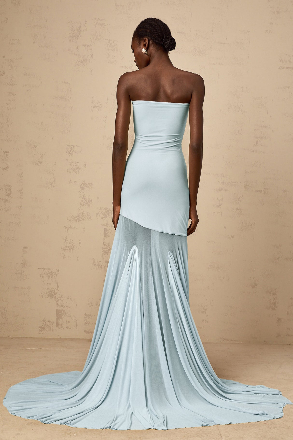 Aurohaya Josiane Blue Off-shoulder Sheer Tulle Maxi Dress