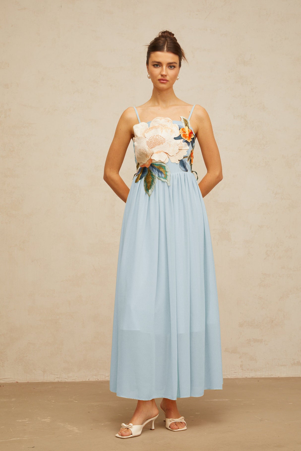 Aurohaya Josette floral-embroidered shirred maxi dress in Blue