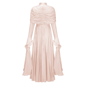 Aurohaya Gustave Pink Ruched Cape Ruffled Maxi Dress
