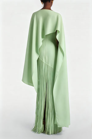 Aurohaya Cayetana Emerald Green Fringe Maxi Dress with Cape Effect