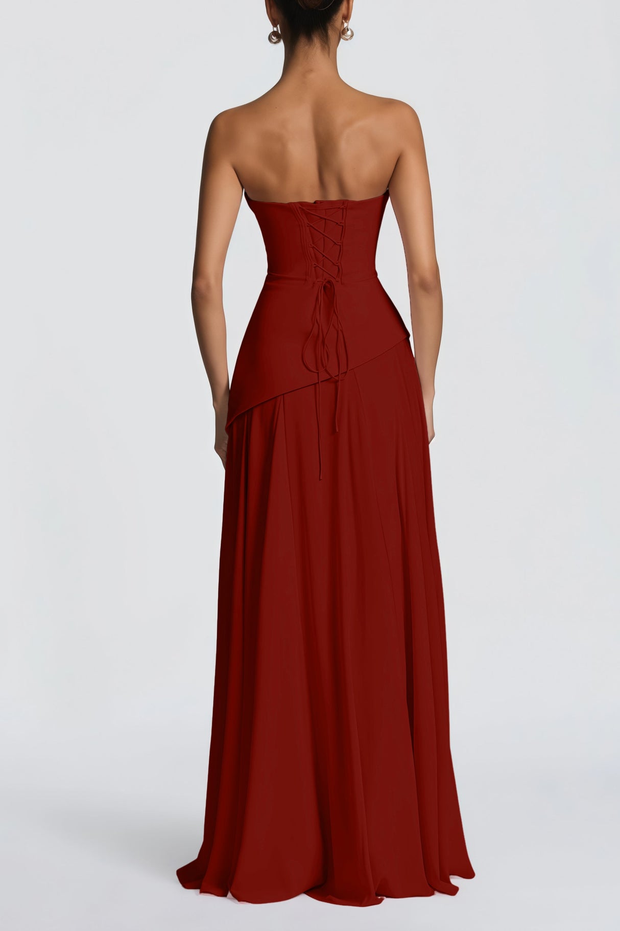 Aurohaya Romane Burgundy Strapless Corset Chiffon Maxi Dress