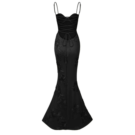 Aurohaya Théoline Black Floral Appliqué Corset Maxi Dress