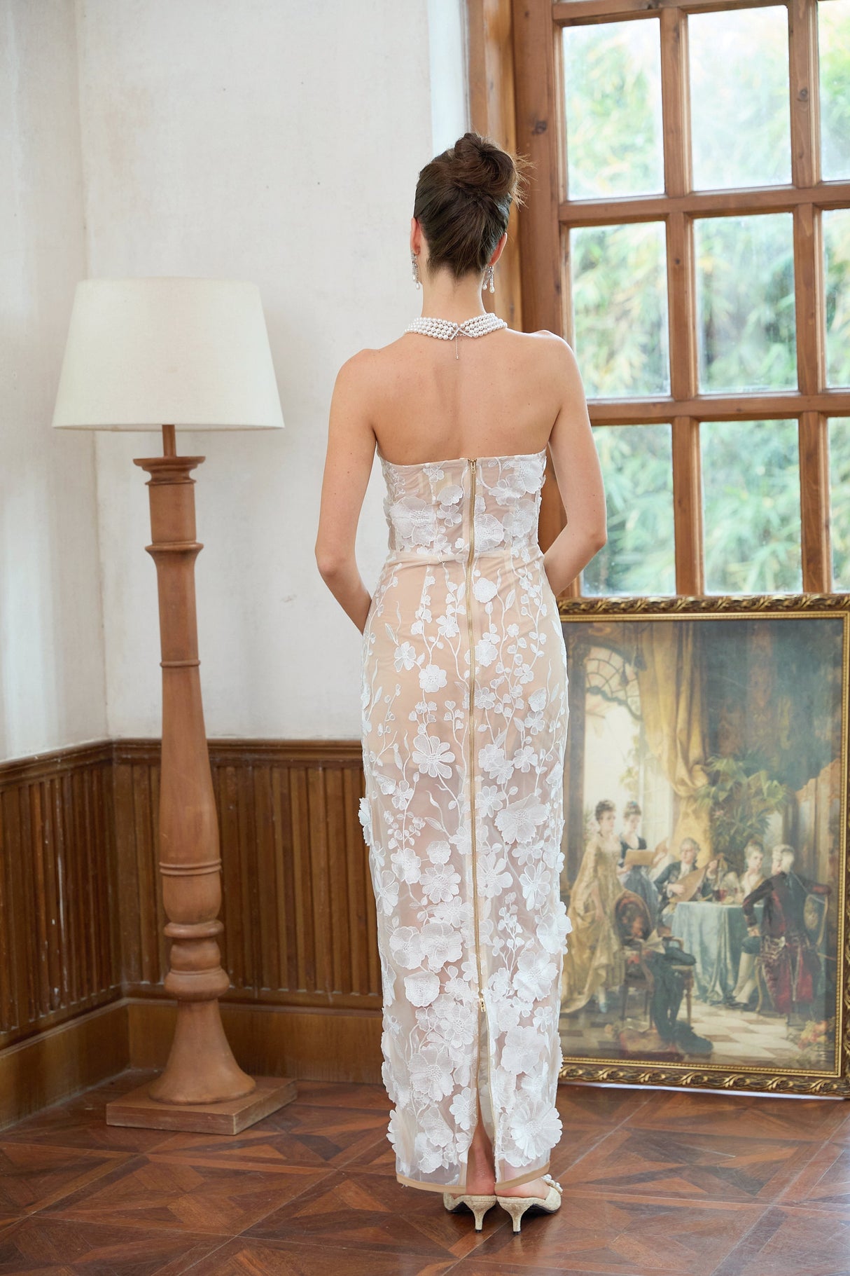 Aurohaya Brigitte White Floral Appliqué Corset Maxi Dress