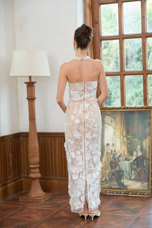Aurohaya Brigitte White Floral Appliqué Corset Maxi Dress