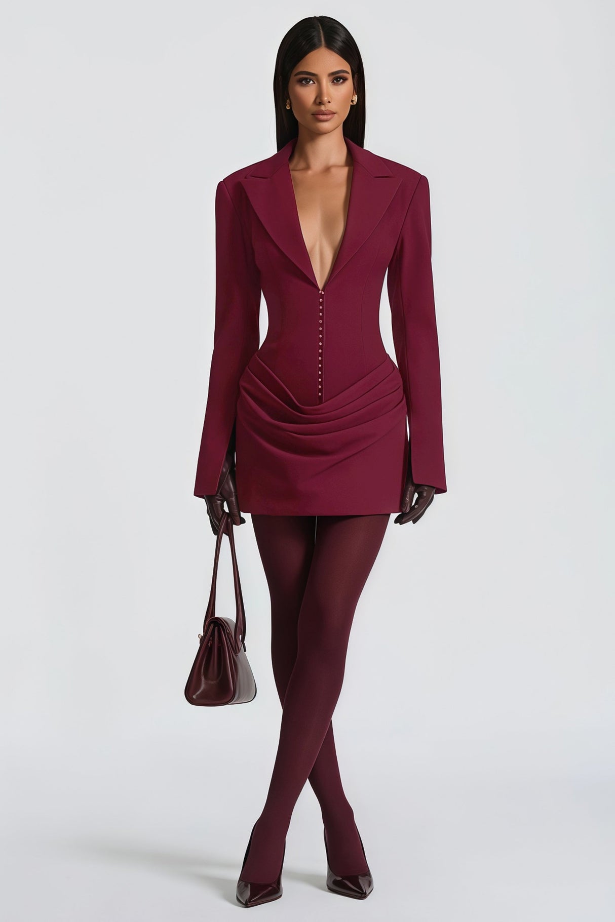 Aurohaya Rosette Burgundy Ruched Blazer Mini Dress