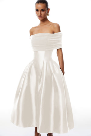 Aurohaya Ainara White Off Shoulder Polished Midi Dress