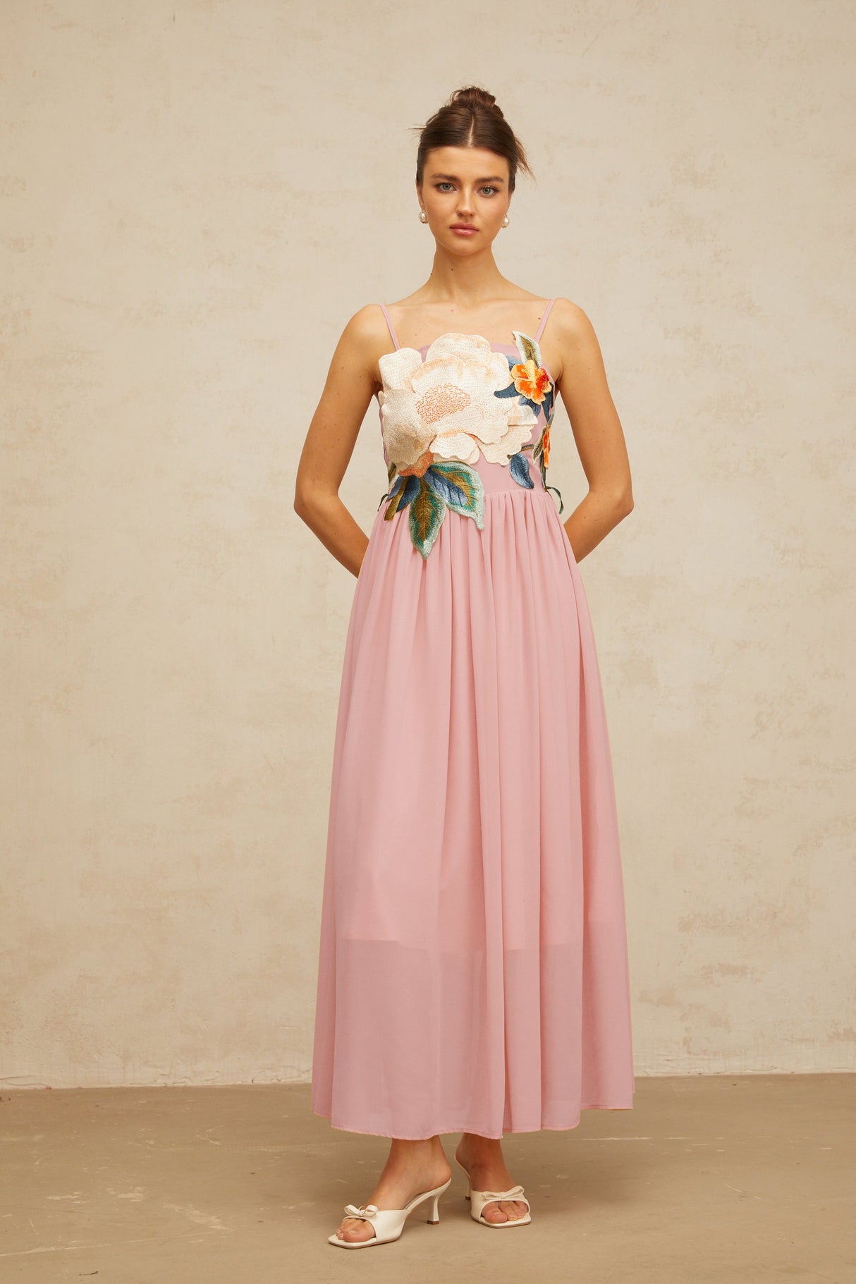 Aurohaya Josette floral-embroidered shirred maxi dress in Pink