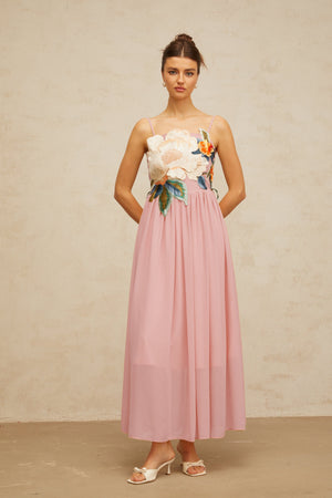 Aurohaya Josette floral-embroidered shirred maxi dress in Pink