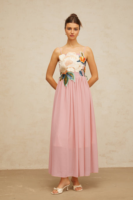 Aurohaya Josette floral-embroidered shirred maxi dress in Pink