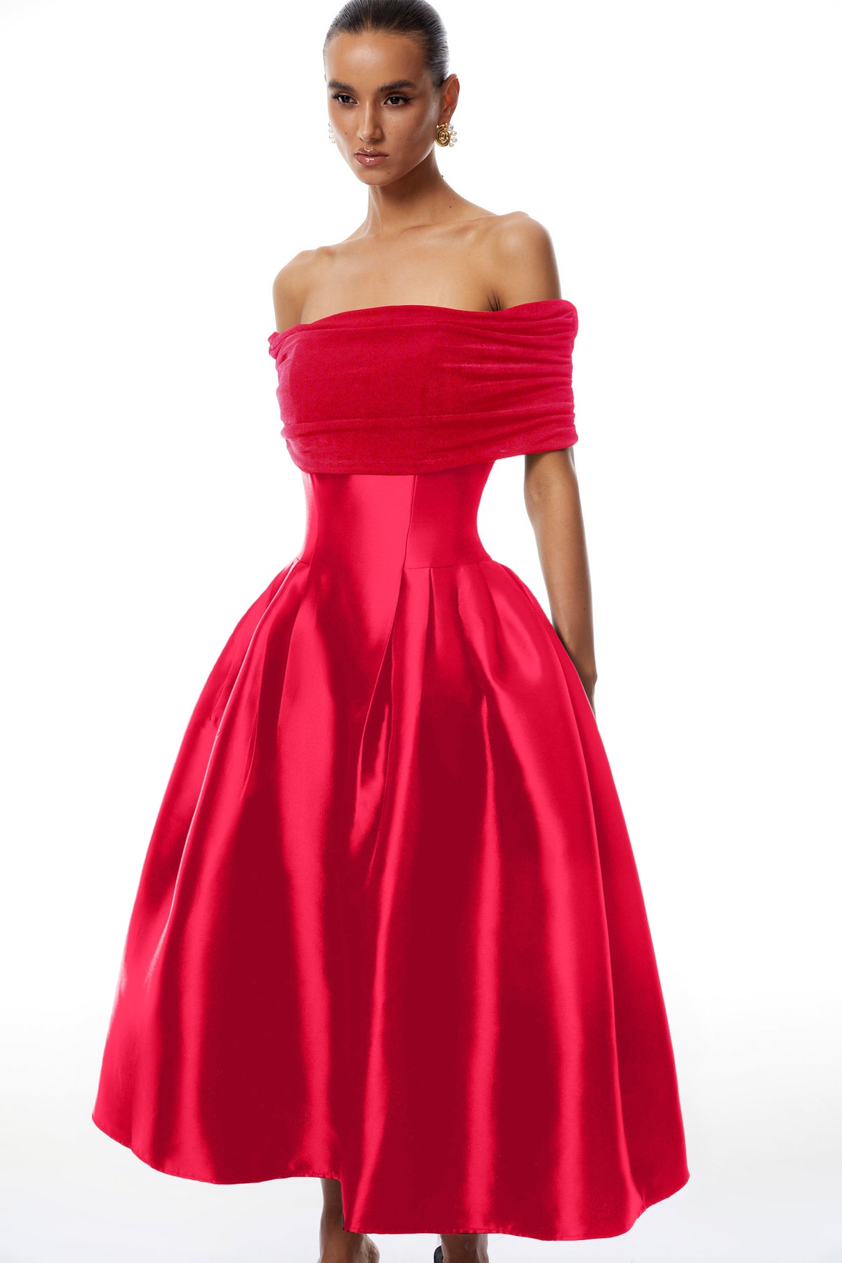 Aurohaya Ainara Red Off Shoulder Polished Midi Dress