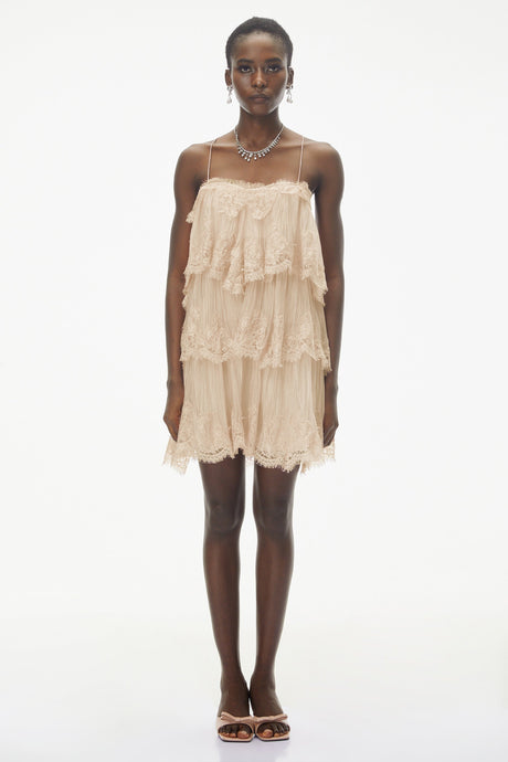 Aurohaya Rachel Beige Tiered Mini Dress with Lace Trim