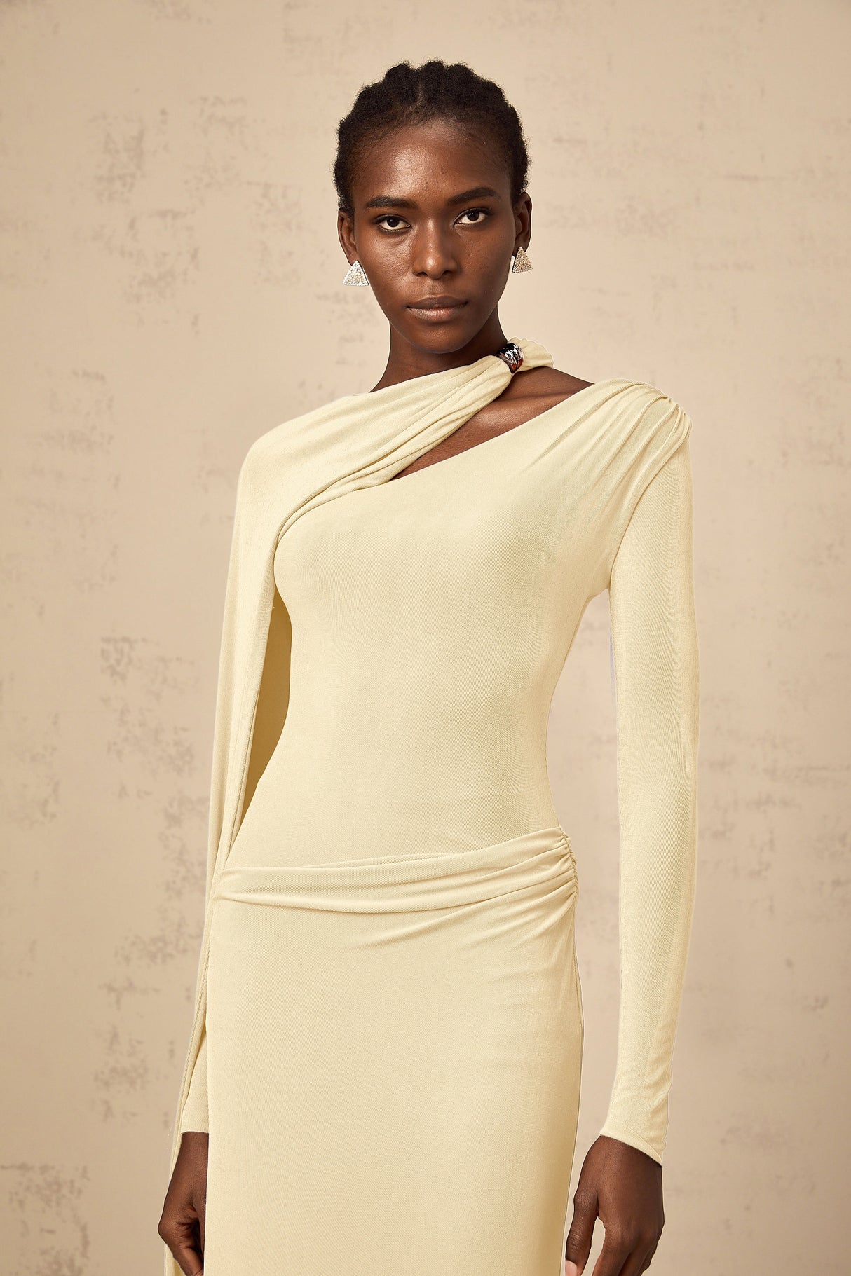 Aurohaya Josette Yellow Diagonal Shawl Fitted Maxi Dress