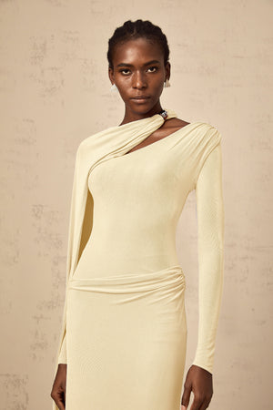 Aurohaya Josette Yellow Diagonal Shawl Fitted Maxi Dress