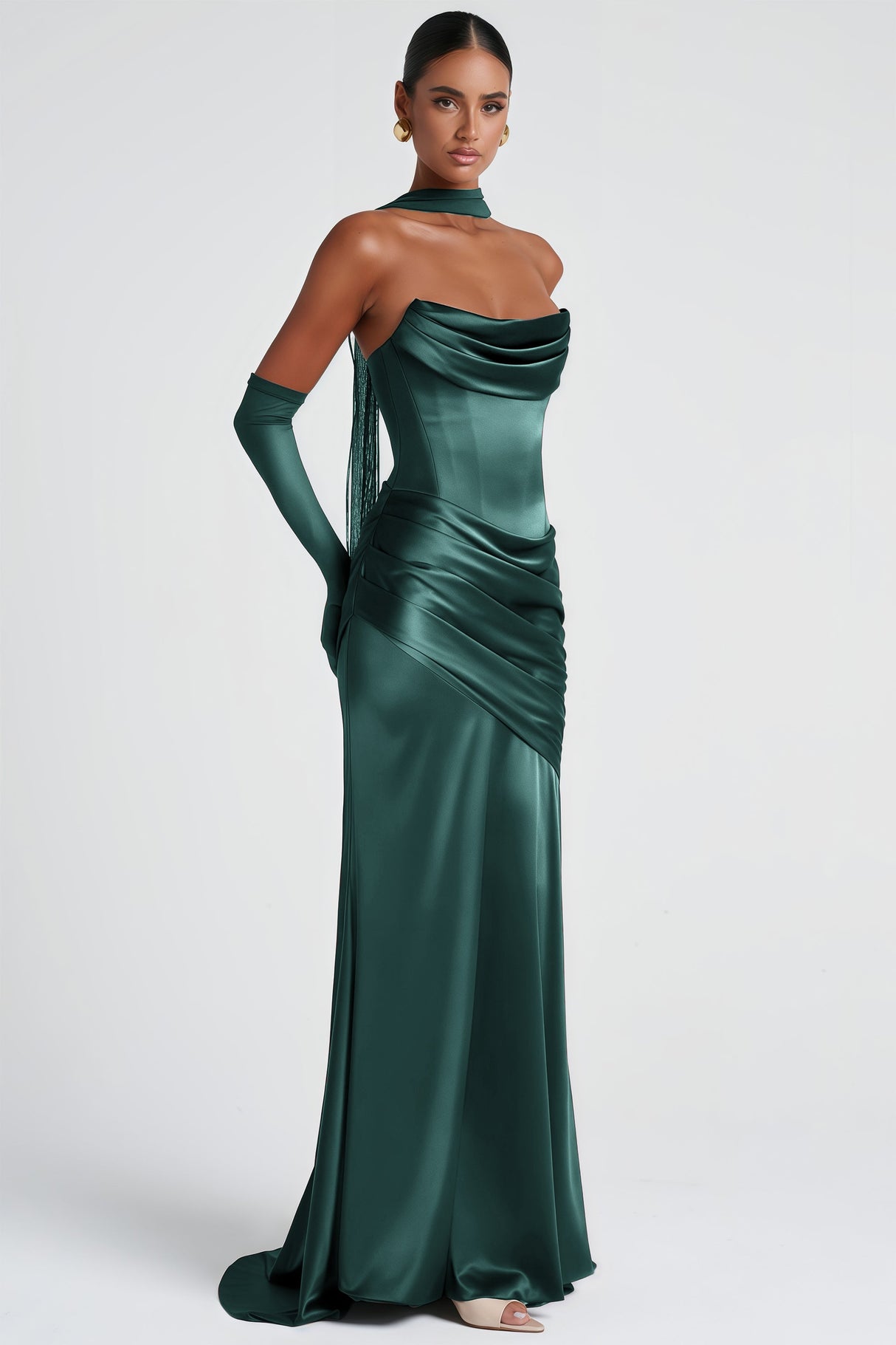 Aurohaya Marilou Green Ruched Satin Maxi Dress