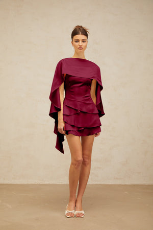 Aurohaya Lyna shawl-panel ruffled satin mini dress in Red