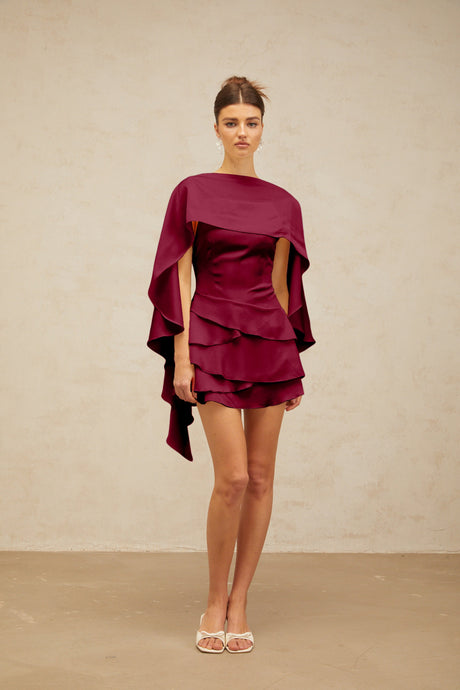 Aurohaya Lyna shawl-panel ruffled satin mini dress in Red