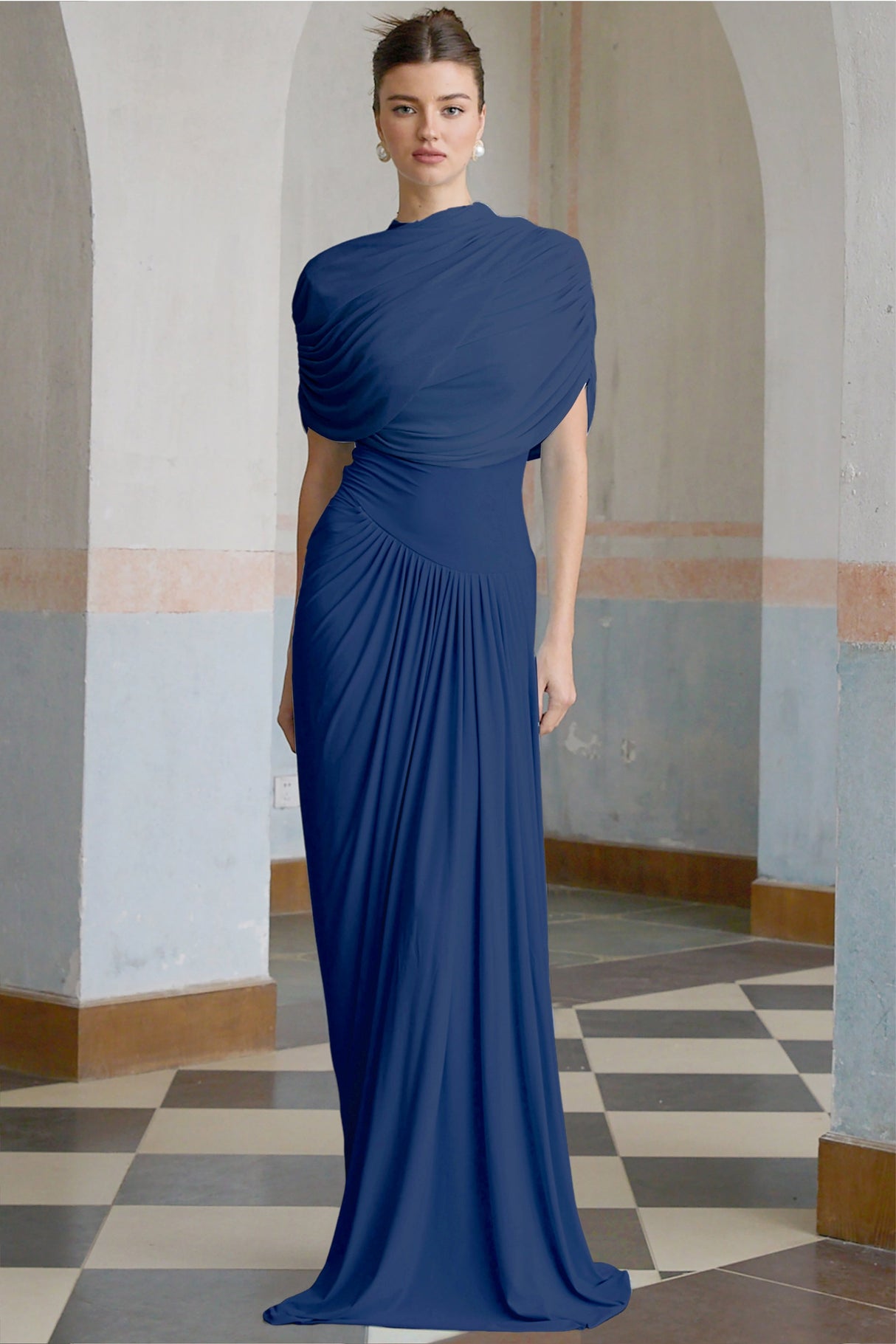 Aurohaya Catherine asymmetrical pleated maxi dress in Navy-blue