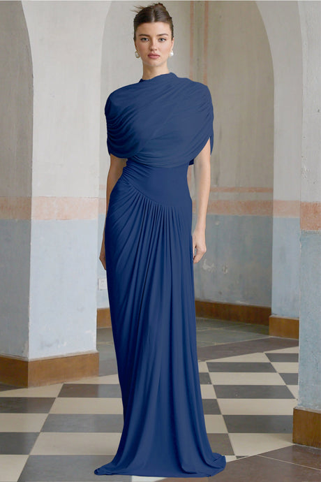Aurohaya Catherine asymmetrical pleated maxi dress in Navy-blue