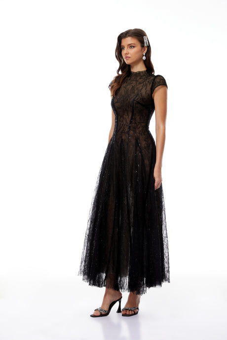 Aurohaya Velia Black Lace Glitter Tulle Maxi Gown