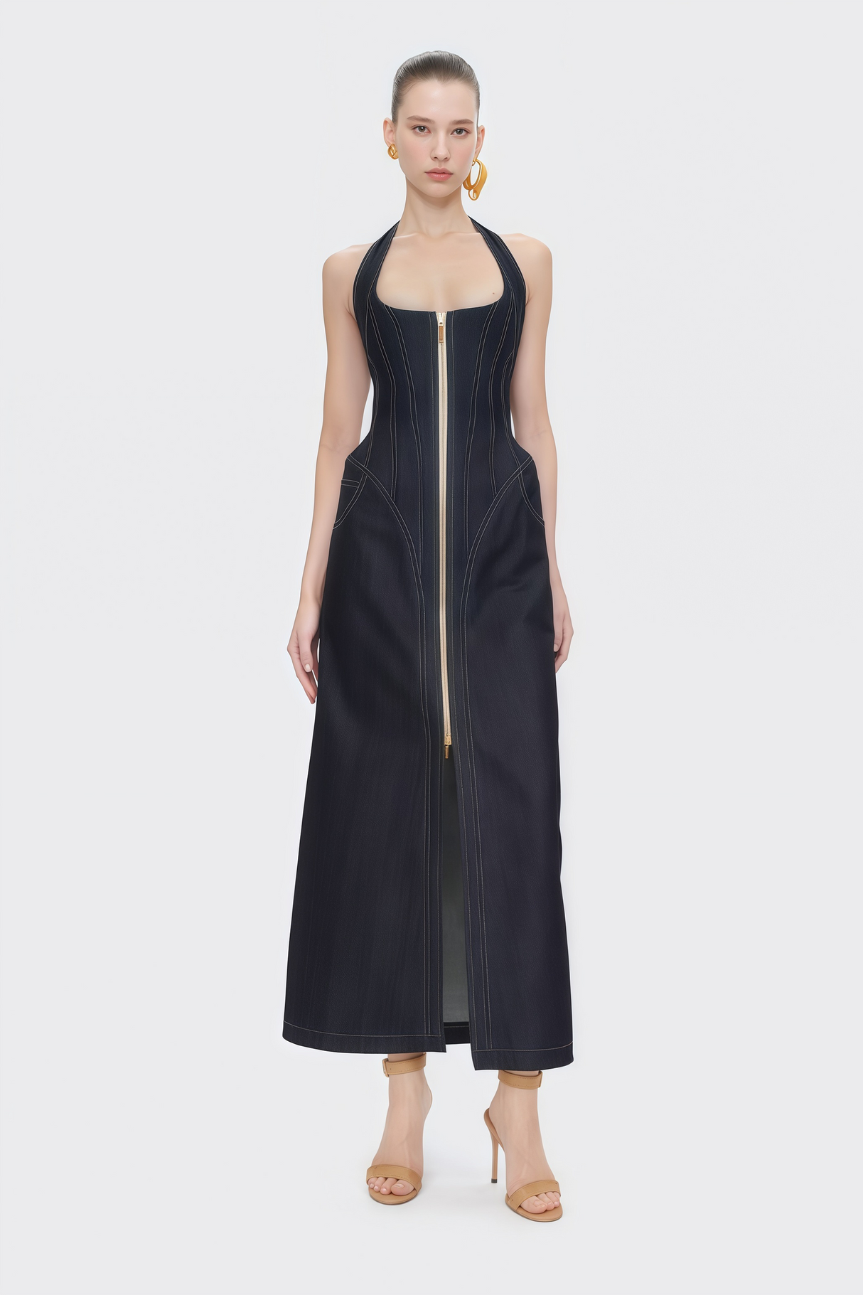 Aurohaya Adrienne black denim front-slit contrast-stitching maxi dress