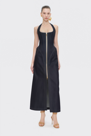 Aurohaya Adrienne black denim front-slit contrast-stitching maxi dress