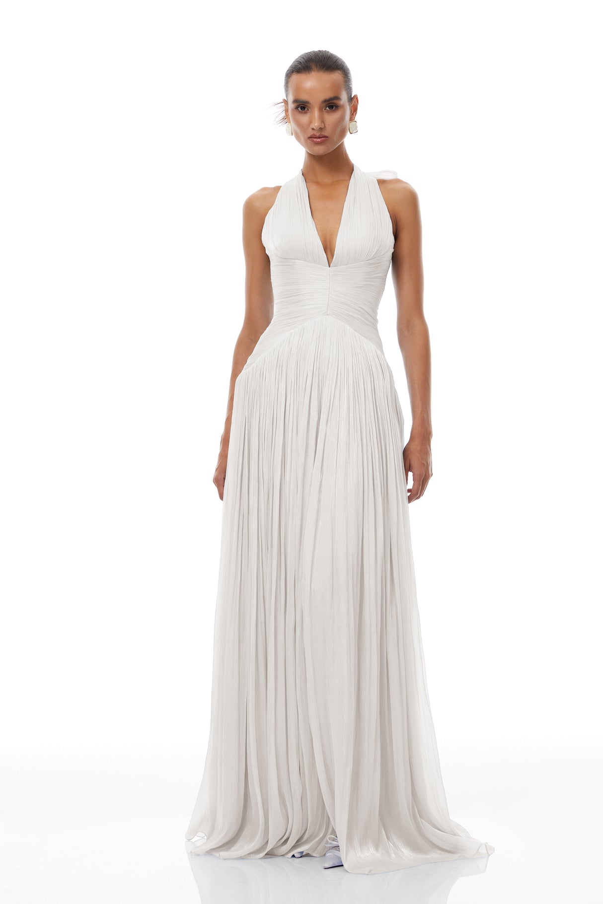 Aurohaya Térébenthine White Glossy Gathered Maxi Dress