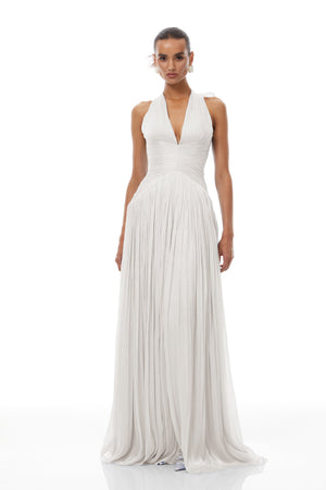 Aurohaya Térébenthine White Glossy Gathered Maxi Dress