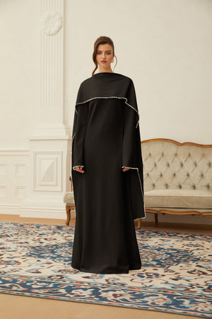 Aurohaya Piroska Black Pearl Trim Shawl Detail Maxi Dress