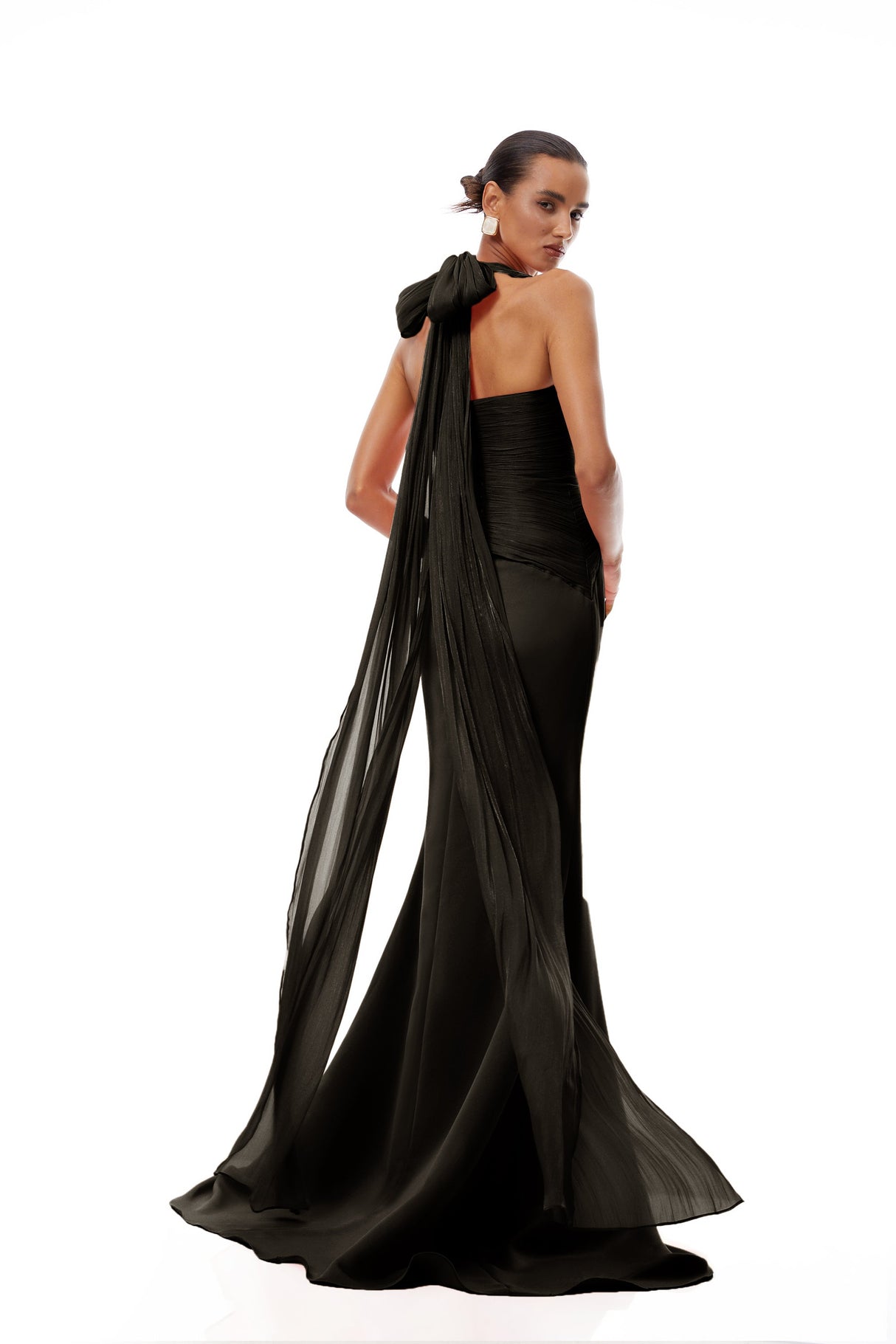 Aurohaya Emmeline Black Train Design Gathered Maxi Dress
