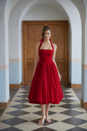 Aurohaya Eponine Red Layered Flared Hem Midi Dress