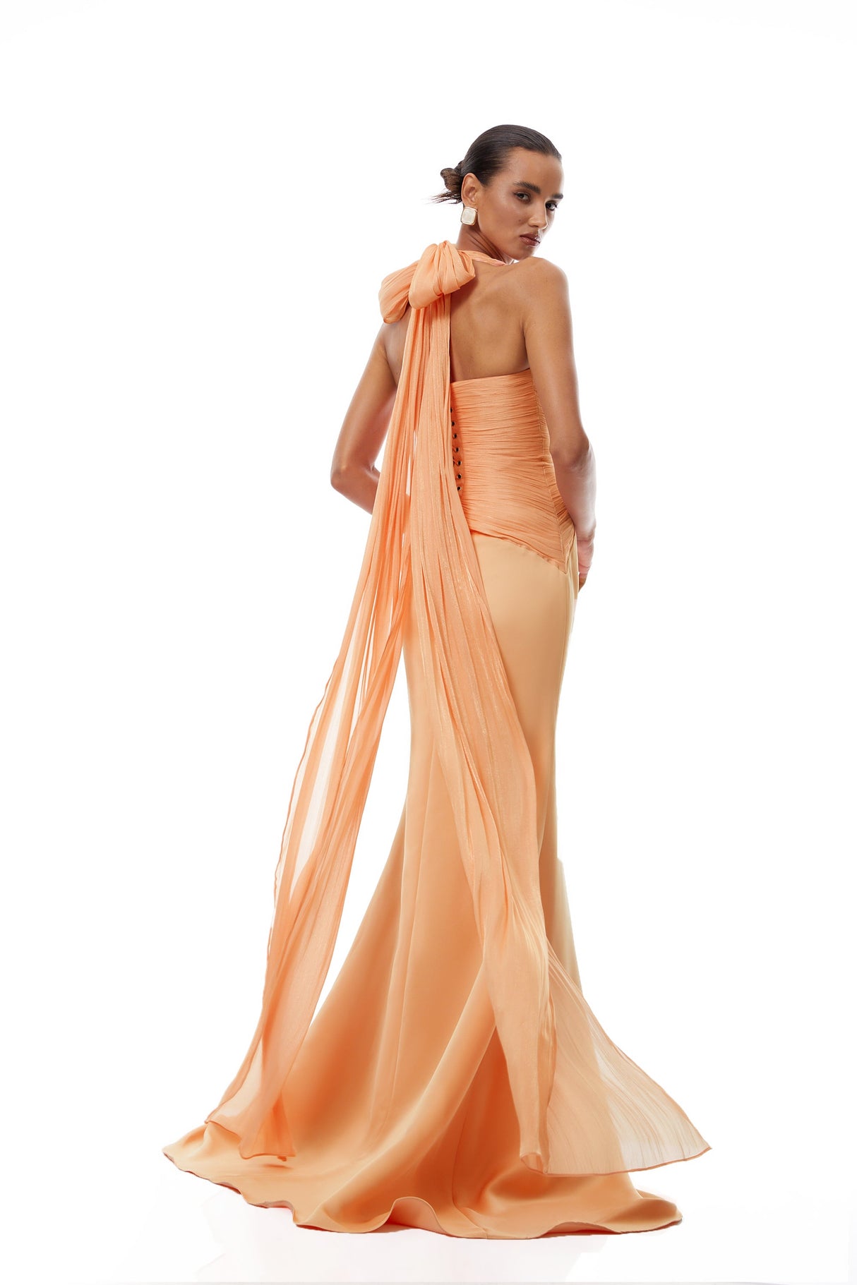 Aurohaya Emmeline Orange Train Design Gathered Maxi Dress