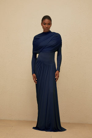 Aurohaya Catherine Navy-Blue Asymmetrical Pleated Long-Sleeve Maxi Dress