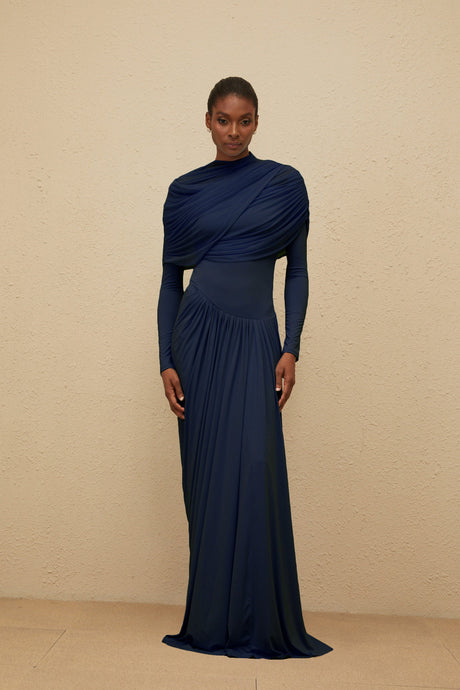 Aurohaya Catherine Navy-Blue Asymmetrical Pleated Long-Sleeve Maxi Dress