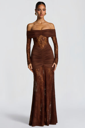 Aurohaya Brigitte Brown Lace Panel Ruched Maxi Dress