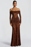 Brigitte Brown Lace Panel Ruched Maxi Dress