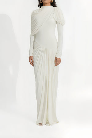 Aurohaya Bronwyn White Draped Pleated Asymmetrical Maxi Dress