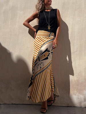 Aurohaya Geometric Print Elastic Waist Maxi Skirt