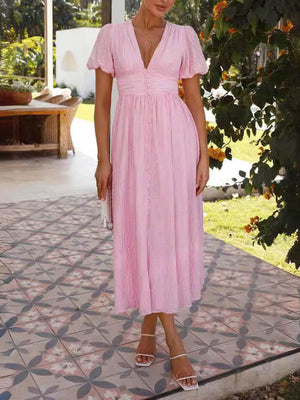 Aurohaya Puff Sleeve V-Neck Long Oversized Hem Dress