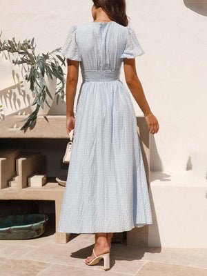 Aurohaya Puff Sleeve V-Neck Long Oversized Hem Dress