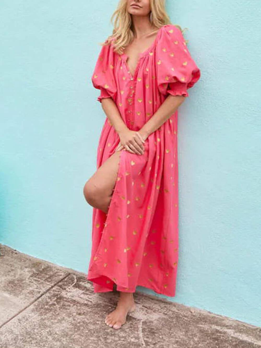 Aurohaya Printed Cardigan Short Sleeve Oversized Midi Dress Red