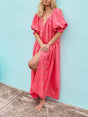 Aurohaya Printed Cardigan Short Sleeve Oversized Midi Dress Red