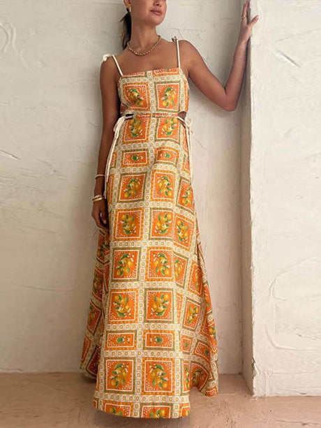 Aurohaya Unique Lemon Print Strappy Dress Yellow